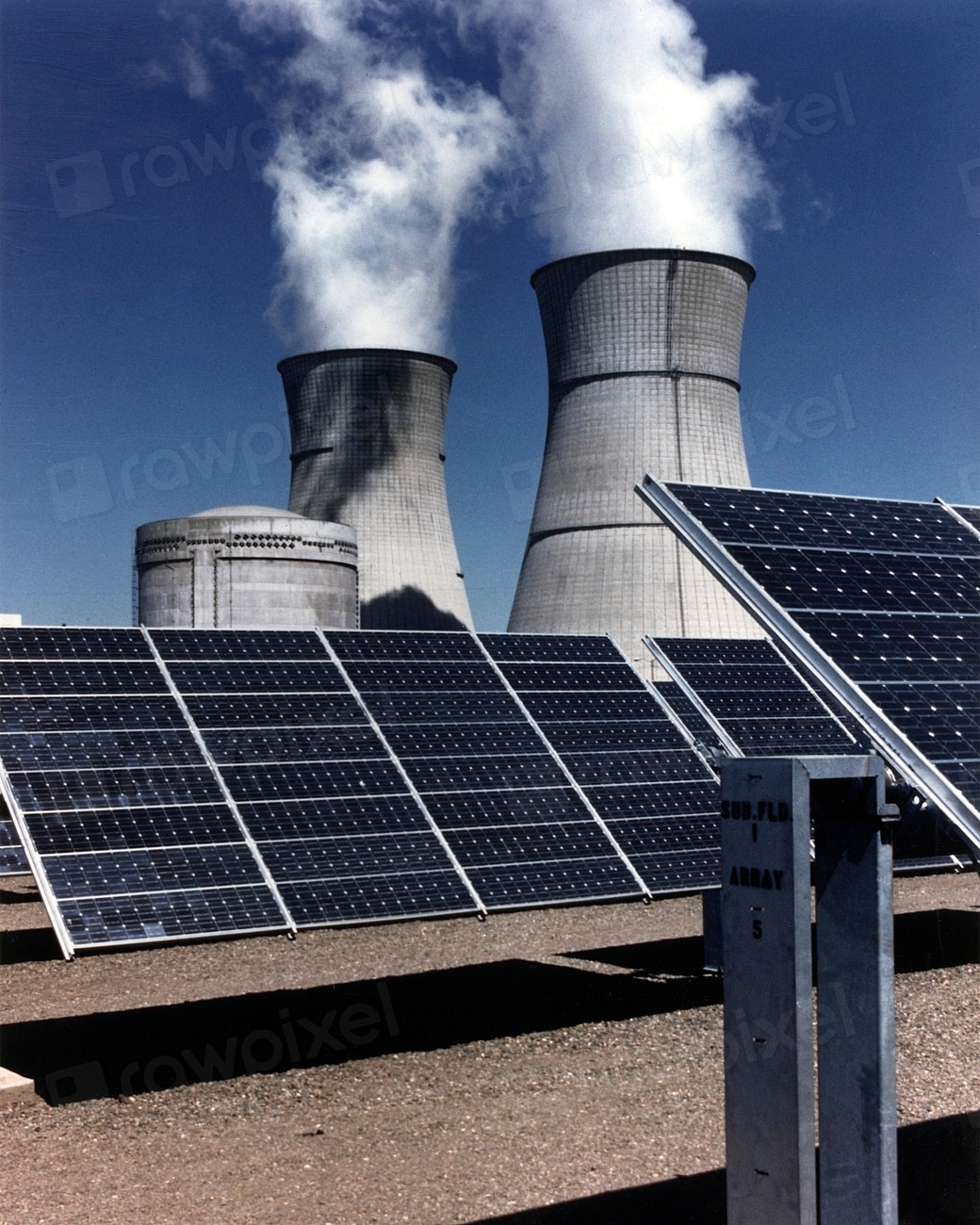 Panneaux solaires devant des tours de refroidissement